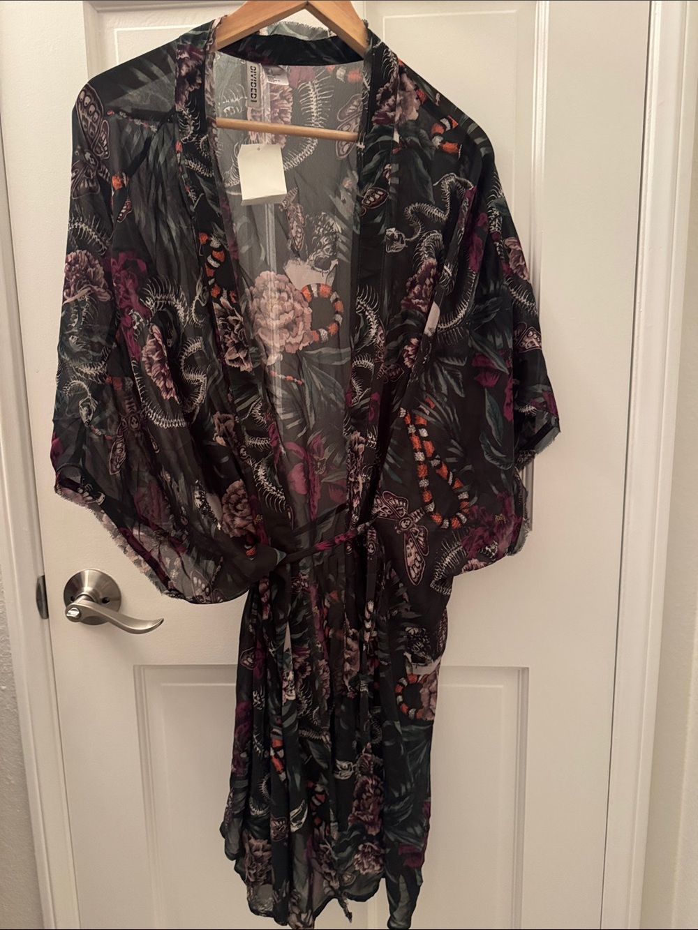 Divided H&M Sheer Floral Kimono Robe in Black with Purple serpents snakes floral
